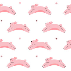 Seamless pattern with pink bunny hopping. Colorful flat background vector illustration.