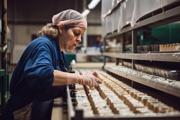 Woman working on conveyor belt at food factory. Generative AI