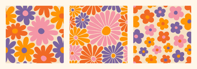 Groovy Daisy Flowers Seamless Patterns Set. Floral Vector Background in 1970s Hippie Retro Style - 584090825
