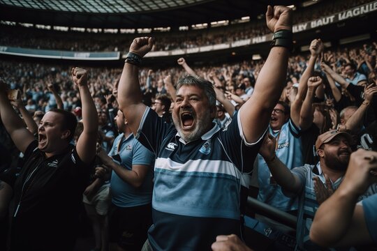 Rugby fans cheering at stadium. Generative AI
