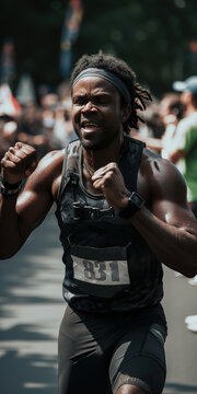 African Man Marathon Runner Celebrating Victory. Generative AI Vertical Shot