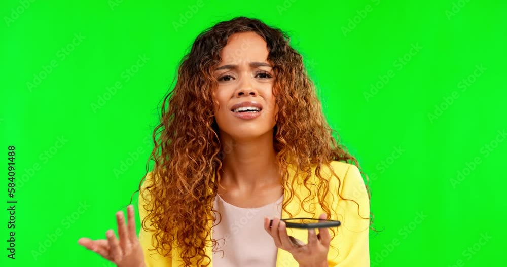 Poster glitch, angry and a woman with phone on a green screen isolated on a studio background. confused, an