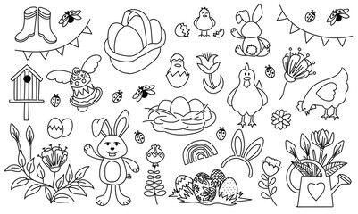 Doodle on the Easter theme. Child coloring, vector black lines on a white background. Separated illustrations. © Aurore