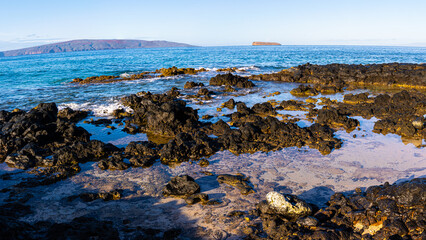 Waves Washing Over Lava on  Little Beach With Kaho'olawe Island and Molokini on The Horizon, Makena Beach State Park, Maui, Hawaii, USA