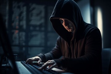 Cyberkriminalität im blauen Licht, Ein Hacker in Aktion, Hacker im Schatten mit Lederjacke, einer Mütze und Tastatur, cyber security, generative ai, generativ, KI