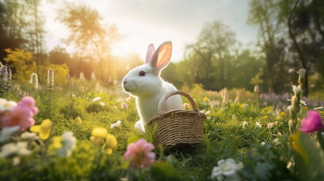 Fr&uuml;hlingshafte Entdeckung mit einem wei&szlig;en Osterhase auf einer Blumenwiese im Wald, bunte Blumen rund herum, vom Sonnenlicht angestrahlt, Osterhase, generative ai, generativ, KI
