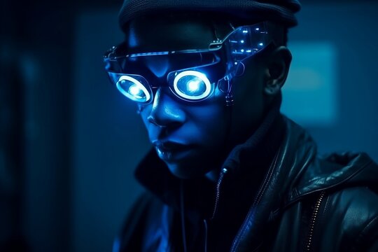 Blue Cyberpunk Hacker mit leuchtender Brille und Lederjacke, Futuristischer Stil im blauen Licht, ernster Blick, generative ai, generativ, KI