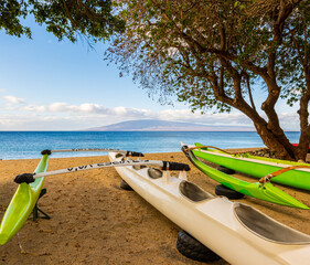 Outrigger  Racing Canoes on The Beach With Lania on The Horizon, Hanakao'o Park, Lahaina, Maui,...