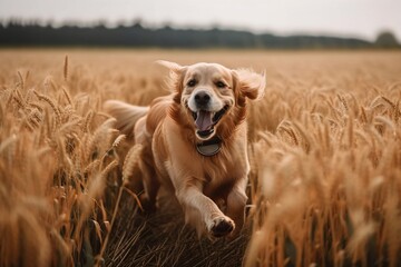 Golden Retriever sonriente corriendo libre en el campo natural IA generativa