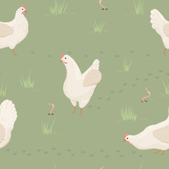 Białe kury na zielonej łące. Szczęśliwe kury skubiące trawę na wolnym wybiegu. Wzór powtarzalny. Ilustracja wektorowa.