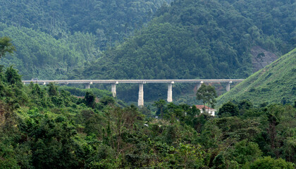 View from below the overhead bridge, spanning the beautiful primeval forest at Mang Den in Kon...