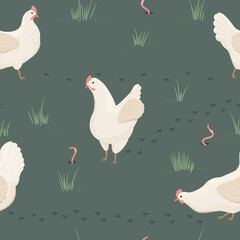 Białe kury na zielonej łące. Szczęśliwe kury skubiące trawę na wolnym wybiegu. Wzór powtarzalny. Ilustracja wektorowa. 