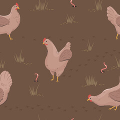 Brązowe kury i dżdżownice. Szczęśliwe kury skubiące trawę na wolnym wybiegu. Wzór powtarzalny. Ilustracja wektorowa. 