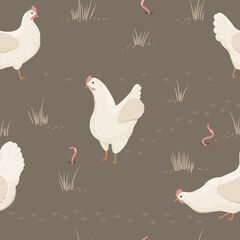 Białe kury i dżdżownice. Zabawne kury grzebiące w ziemi na wolnym wybiegu. Wzór powtarzalny. Ilustracja wektorowa.