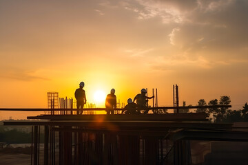 Naklejka premium Silhouette of construction engineer and workers at sunset. Generative AI