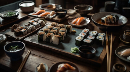 Sushi Platter with Japanese Aesthetic on Natural Wood Flat Lay, Asian Cuisine Food Photography - Generative AI
