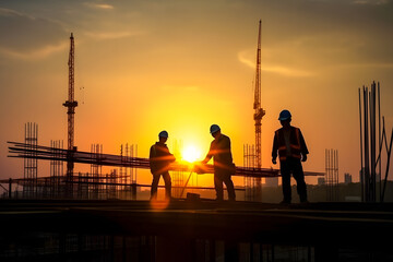 Silhouette of construction engineer and workers at sunset. Generative AI