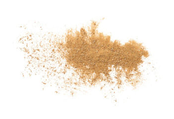 Pile of brown dust scattered on white background, top view