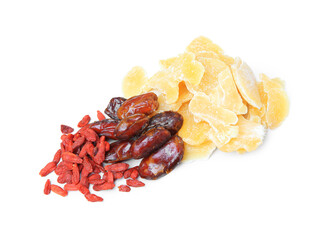 Pile of different tasty dried fruits on white background
