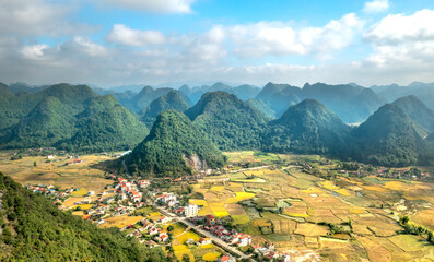 Panoramic view of Bac Son valley during the ripe rice season. View from the top of Na Lay mountain, Bac Son district, Lang Son province, Vietnam