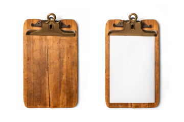 Vintage Wooden Clipboard with Paper and without Paper, Top Down View, Isolated on transparent background with shadow