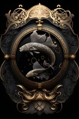 portrait of a Pisces zodiac sign, gold and black, decorated with gothic lace and precious stones, a fantasy generated by AI
