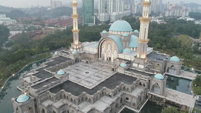 Masjid Wilayah Persekutuan. Vilayat Persecutuan is the main mosque in Kuala Lumpur. Located next to the federal government complex. (aerial photography)