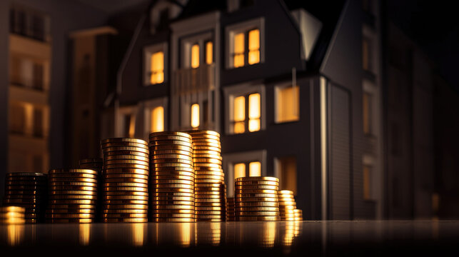 House mortgage, with golden stacks of coins. generative AI