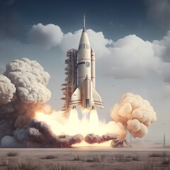 Rocket taking off into space. Generative Ai illustration 