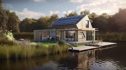 Fototapeta na wymiar Sustainable home design with solar panels near lake