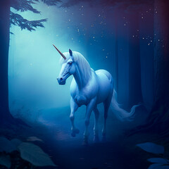 Fototapeta na wymiar Unicorn among the trees in a magical forest. Generative AI
