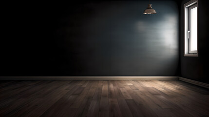 Empty light dark wall with beautiful chiaroscuro and wooden floor (ai generated)