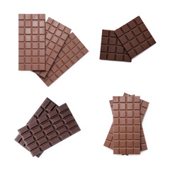 Collage with tasty different chocolate bars on white background, top view