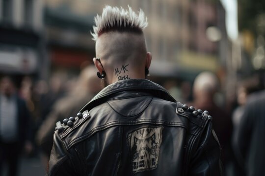 photo from back of a punk man, with leather jacket. generative AI 