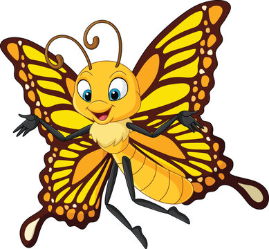 Cartoon funny butterfly flying on white background