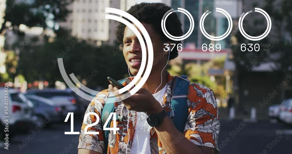 Poster animation of data processing over african american man using smartphone in city