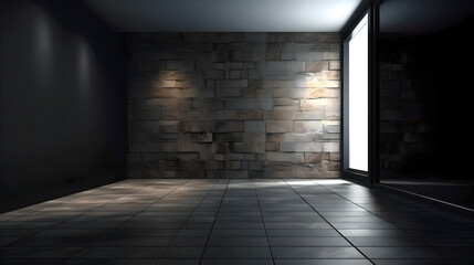 Empty light dark wall with beautiful chiaroscuro and stone floor (ai generated)