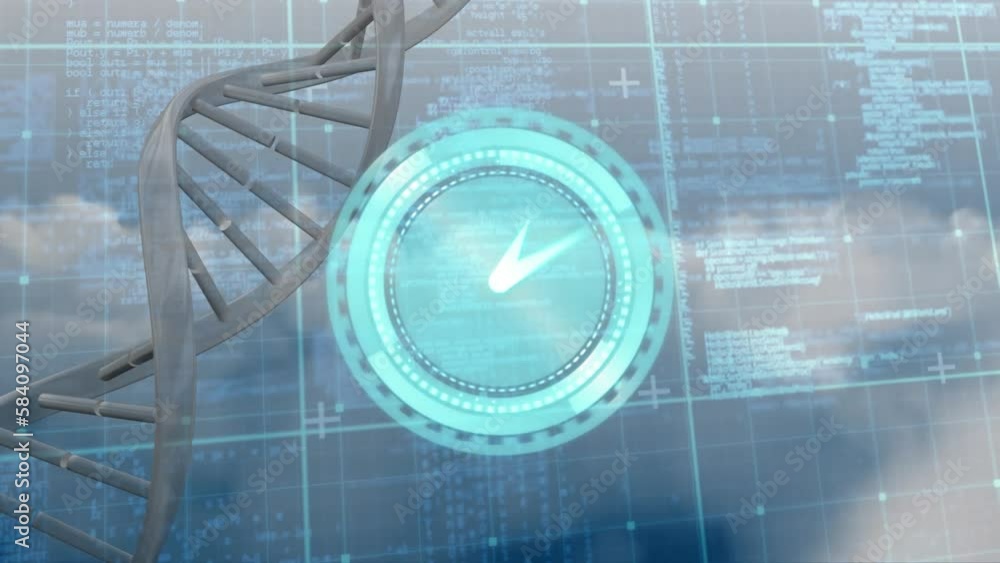 Poster animation of digital clock over dna helix and computer language against cloudy sky