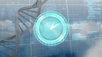 Animation of digital clock over dna helix and computer language against cloudy sky - Powered by Adobe