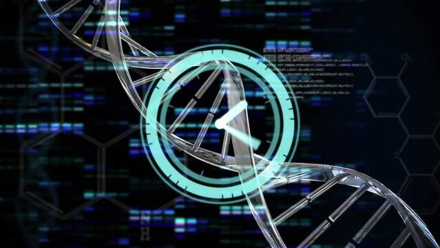 Animation of digital clock over dna helix against hexagons and bars on black background