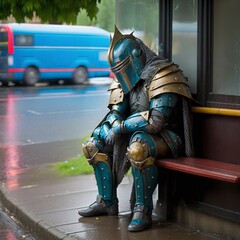 Fototapeta na wymiar Fictional Lonely and Sad Warrior Sitting on a Rainy Day Generated by AI