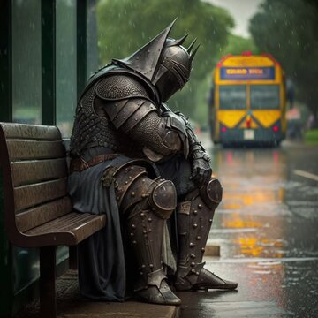 Fictional Lonely and Sad Warrior Sitting on a Rainy Day Generated by AI