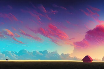 Sunset on a plain, beautiful nature, simple illustration of a sunset, warm colors, relaxation on a plain, artistic sunset