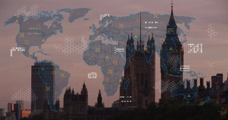 Animation of world map and data processing over london cityscape - Powered by Adobe
