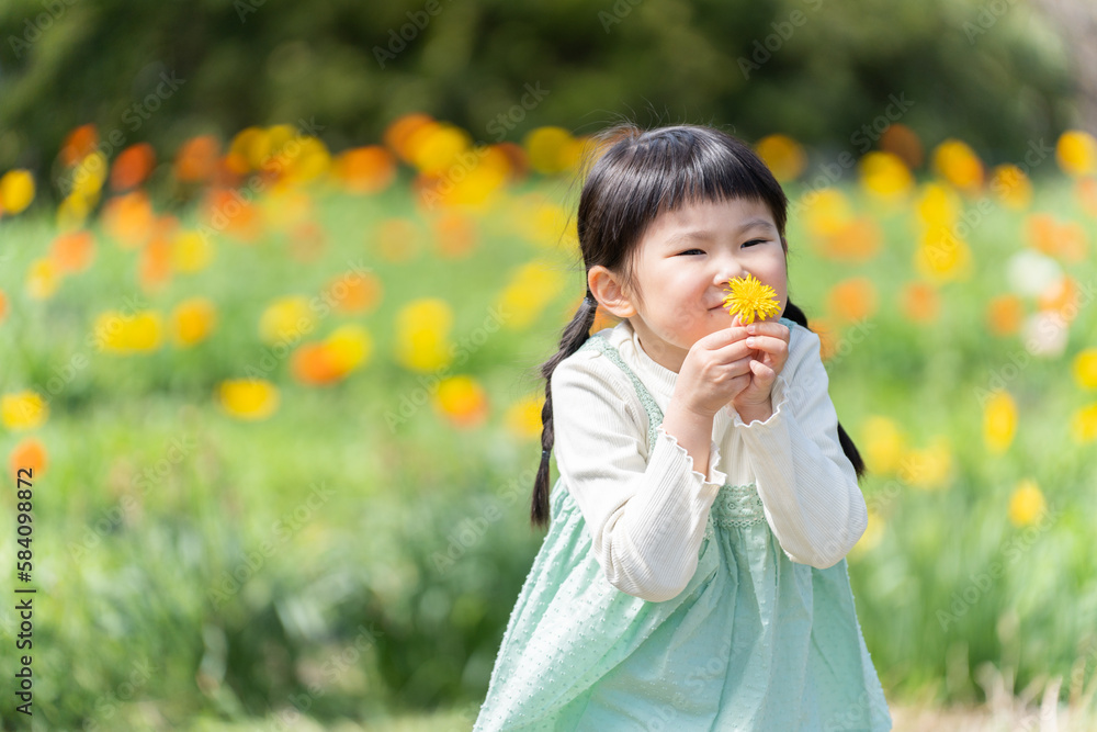 Sticker 花畑に遊びに来た子供（育児・子育て・旅行・観光・ポピー）