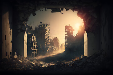 Fototapeta na wymiar A city view destroyed by war and bombs concept. Cinematic Ligh 