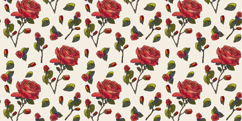 Floral seamless pattern. Vector handmade flower background with roses, leaves. Floral ornament on a light background