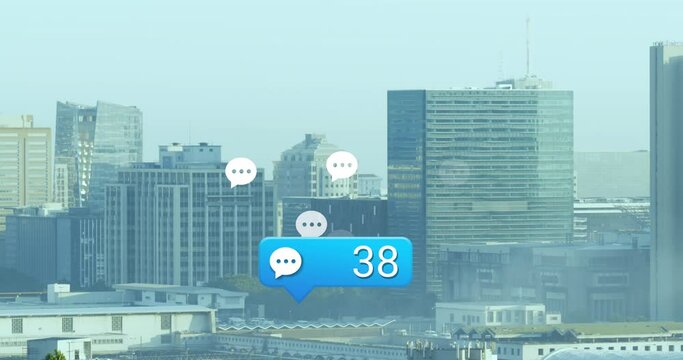 Animation of social media icona and data processing over cityscape