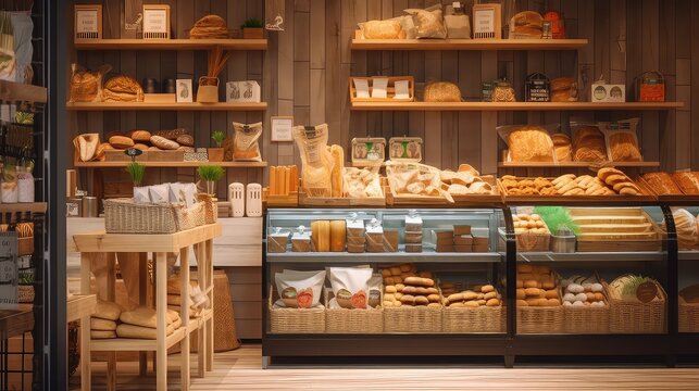 a unique storefront market with delicious baked goods, bread and healthy options, organic, eco-friendly vegan grocery, bakery wooden accents, a parquet floor, variety of bread, buns, and snacks 