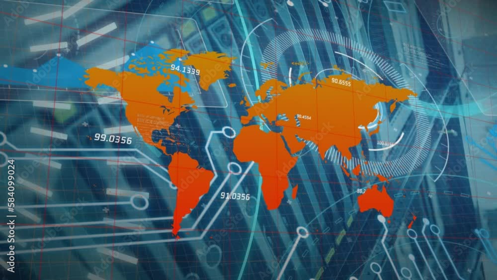 Poster animation of network of connections with world map over computer servere